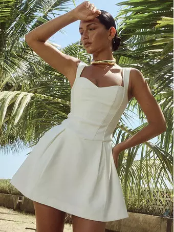 a line flare mini dress Floral Print A-Line Flare Short Sleeve V-Neck Mini Dress White / M
