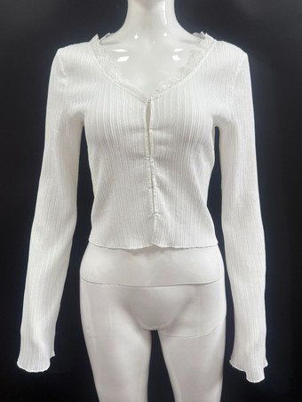 Top in maglia a coste con scollo a V e pizzo e maniche a campana per donna 2026