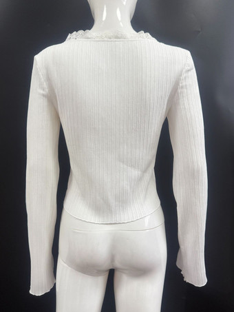 Top in maglia a coste con scollo a V e pizzo e maniche a campana per donna 2026