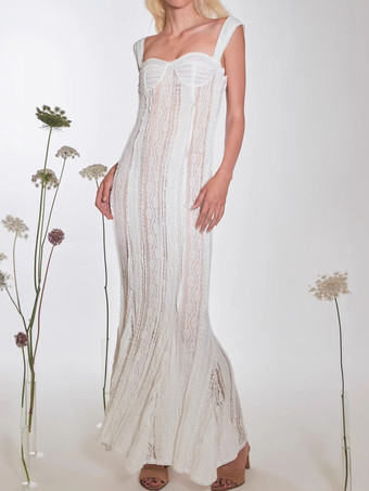 Bianco Abito lungo senza maniche in pizzo a sirena con dettaglio bustier per donna 2026