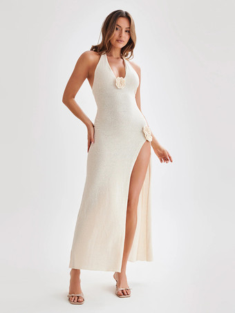 Abito lungo in maglia con scollo all'americana applicazione floreale 3D e spacco laterale alto per donna 2026