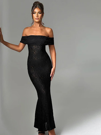 Vestido de fiesta largo estilo sirena con hombros descubiertos y encaje sin espalda para mujer 2026