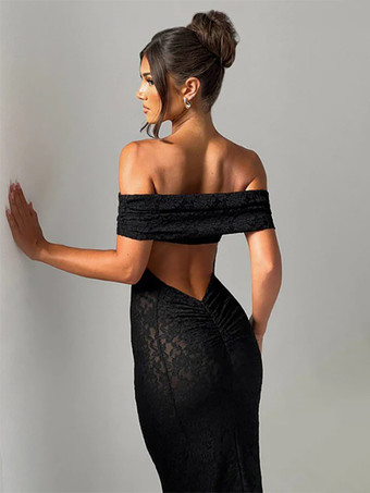 Vestido de fiesta largo estilo sirena con hombros descubiertos y encaje sin espalda para mujer 2026