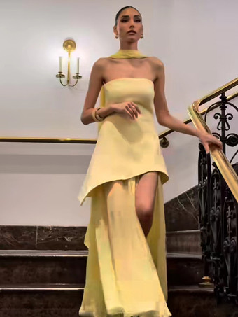 AmarilloVestido largo sin mangas con cuello halter capas y dobladillo irregular para mujer 2026