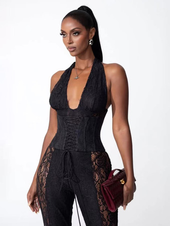 Tuta da donna con scollo a V profondo allacciatura sul retro corsetto in pizzo patchwork 2026