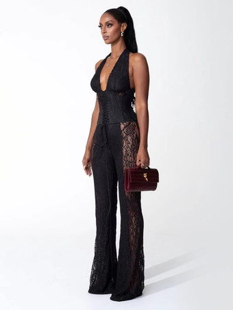 Tuta da donna con scollo a V profondo allacciatura sul retro corsetto in pizzo patchwork 2026