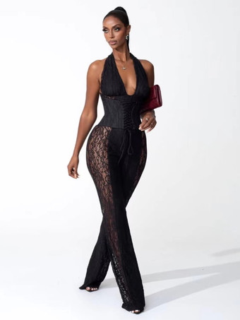 Tuta da donna con scollo a V profondo allacciatura sul retro corsetto in pizzo patchwork 2026