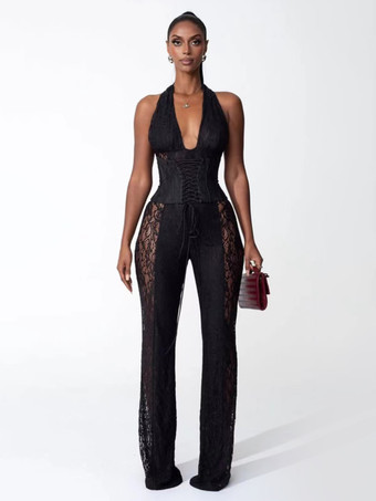 Nero Tuta da donna con scollo a V profondo allacciatura sul retro corsetto in pizzo patchwork 2026