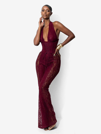 Rosso Tuta da donna con scollo a V profondo allacciatura sul retro corsetto in pizzo patchwork 2026