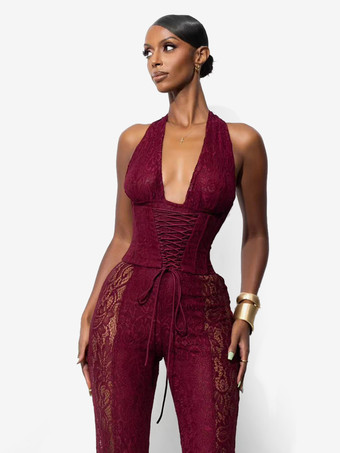 Tuta da donna con scollo a V profondo allacciatura sul retro corsetto in pizzo patchwork 2026