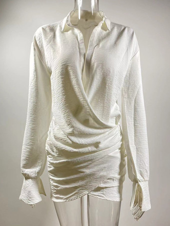 Vestido camisero corto de manga larga con escote en V profundo para mujer 2026