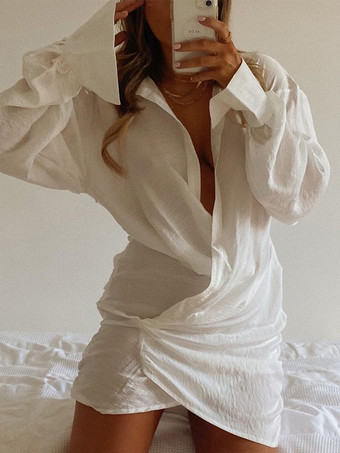 Vestido camisero corto de manga larga con escote en V profundo para mujer 2026