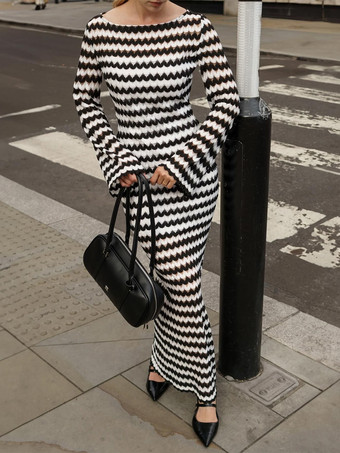 Abito lungo aderente a maniche lunghe in maglia con motivo a onde a contrasto per donna 2026
