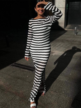 Abito lungo aderente a maniche lunghe in maglia con motivo a onde a contrasto per donna 2026