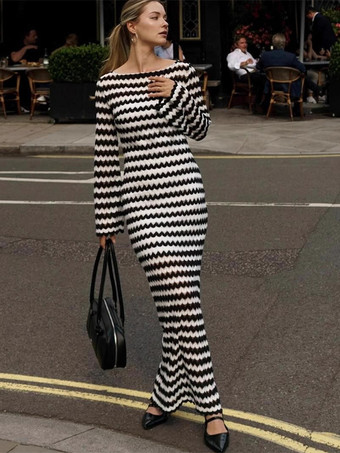 Nero Abito lungo aderente a maniche lunghe in maglia con motivo a onde a contrasto per donna 2026