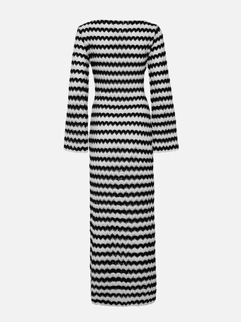 Abito lungo aderente a maniche lunghe in maglia con motivo a onde a contrasto per donna 2026