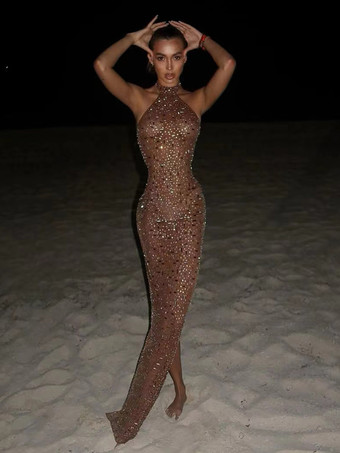 Vestido largo ajustado con escote halter y diamantes de imitación para mujer 2026