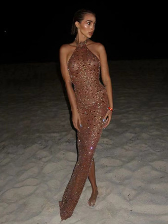 Vestido largo ajustado con escote halter y diamantes de imitación para mujer 2026