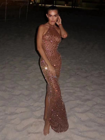 Vestido largo ajustado con escote halter y diamantes de imitación para mujer 2026