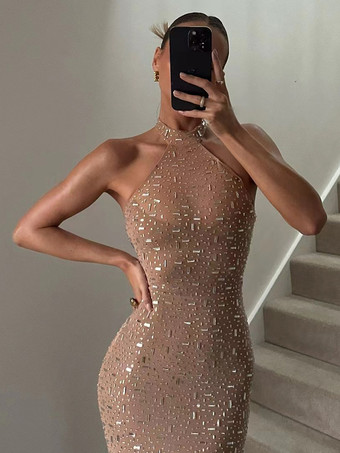Vestido largo ajustado con escote halter y diamantes de imitación para mujer 2026