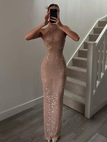 Vestido largo ajustado con escote halter y diamantes de imitación para mujer 2026
