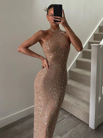 Vestido largo ajustado con escote halter y diamantes de imitación para mujer 2026