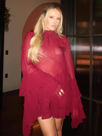 Mini abito da donna con maniche svasate volant e rete trasparente a collo alto 2026