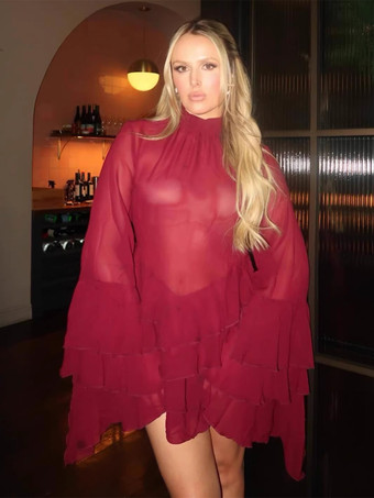 Mini abito da donna con maniche svasate volant e rete trasparente a collo alto 2026