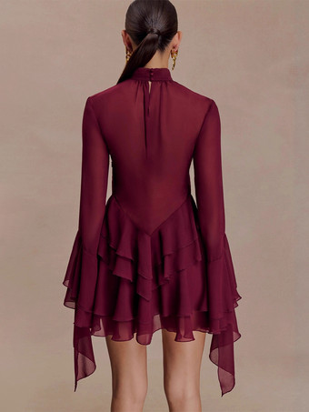 Mini abito da donna con maniche svasate volant e rete trasparente a collo alto 2026