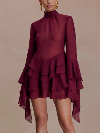 Mini abito da donna con maniche svasate volant e rete trasparente a collo alto 2026