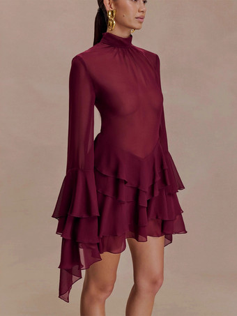 Mini abito da donna con maniche svasate volant e rete trasparente a collo alto 2026