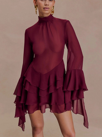 Mini abito da donna con maniche svasate volant e rete trasparente a collo alto 2026