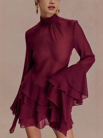 Rosso ScuroMini abito da donna con maniche svasate volant e rete trasparente a collo alto 2026