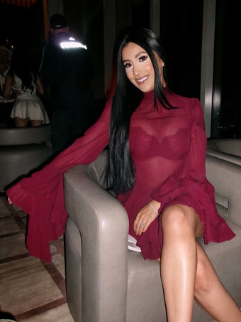 Mini abito da donna con maniche svasate volant e rete trasparente a collo alto 2026