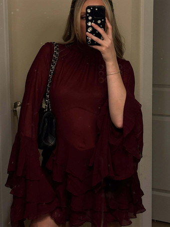 Mini abito da donna con maniche svasate volant e rete trasparente a collo alto 2026