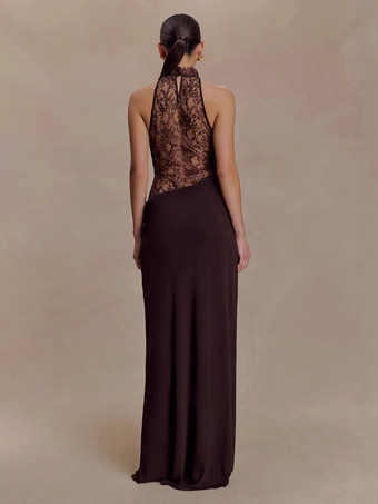 Abito lungo aderente senza maniche con collo alto in pizzo patchwork e ritagli per donna 2026