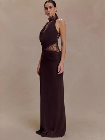 Abito lungo aderente senza maniche con collo alto in pizzo patchwork e ritagli per donna 2026