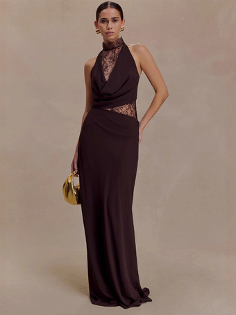 Abito lungo aderente senza maniche con collo alto in pizzo patchwork e ritagli per donna 2026