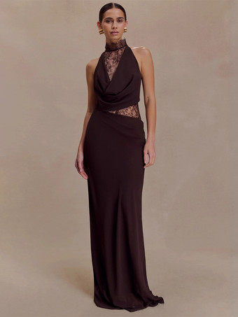 Castano ramatoAbito lungo aderente senza maniche con collo alto in pizzo patchwork e ritagli per donna 2026