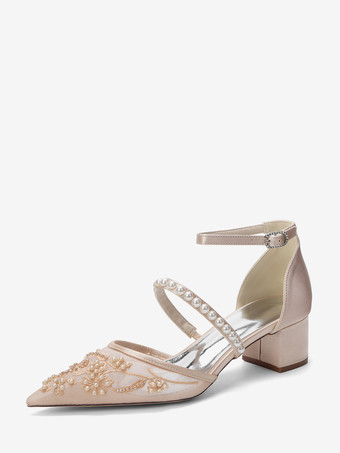 Color champañaZapatos de novia de encaje con tacón grueso y punta puntiaguda y perlas de tacón bajo.
