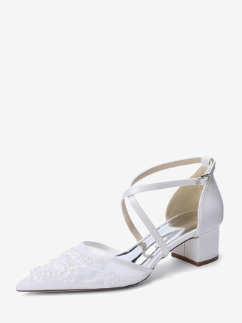 blanco Zapatos de boda blancos de malla con punta puntiaguda y cuentas entrecruzadas y tacón grueso.
