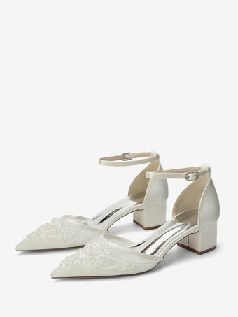 Scarpe da sposa color avorio con punta a punta cinturino alla caviglia tacco basso e spesso