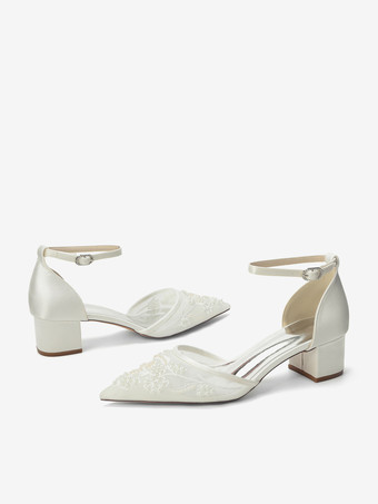 Scarpe da sposa color avorio con punta a punta cinturino alla caviglia tacco basso e spesso