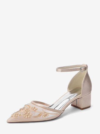 Champagne Scarpe da sposa color avorio con punta a punta cinturino alla caviglia tacco basso e spesso
