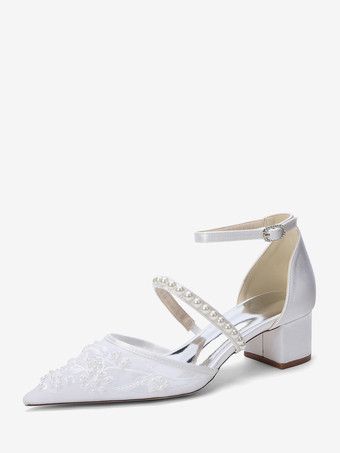 blanco Zapatos de novia de encaje con tacón grueso y punta puntiaguda y perlas de tacón bajo.