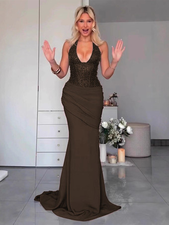 Marrone Abito da sera a sirena con scollo all'americana e paillettes con dettaglio in vita arricciato per donna 2026