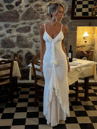 Vestido largo de sirena fruncido con espalda descubierta y volantes de roseta para mujer 2026