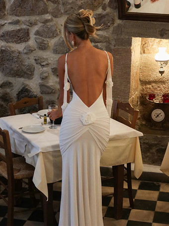 Vestido largo de sirena fruncido con espalda descubierta y volantes de roseta para mujer 2026