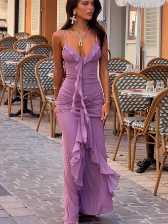 MoradoVestido largo de sirena fruncido con espalda descubierta y volantes de roseta para mujer 2026
