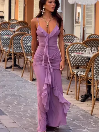 ruffle mermaid maxi dress Miss Circle Women Paolina Taro Pink Jacquard Ruffle Mermaid Maxi Dress